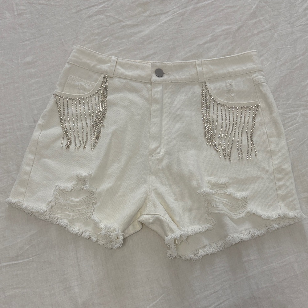 Blue B White Ripped Rhinestone Fringe Shorts - Picture 6 of 11